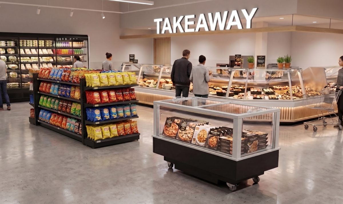 &Icirc;lot FUTURO 2 int&eacute;gr&eacute; dans un espace de plats pr&eacute;par&eacute;s et produits &agrave; emporter