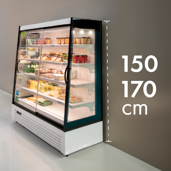 Expositores alimentares compactos FUTURO 2 com 150 cm e 170 cm de altura